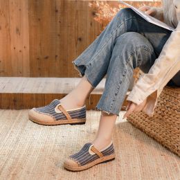 New Linen Shoes Women's Artistic Striped Color Matching (Option: Dark Blue-35)