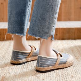 New Linen Shoes Women's Artistic Striped Color Matching (Option: Light Blue-35)