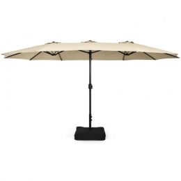 Outdoor Garden Market Double-Sided Twin Patio 15 Feet Umbrella with Crank And Base (Color: Beige)