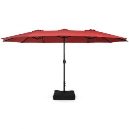 Outdoor Garden Market Double-Sided Twin Patio 15 Feet Umbrella with Crank And Base (Color: Wine)